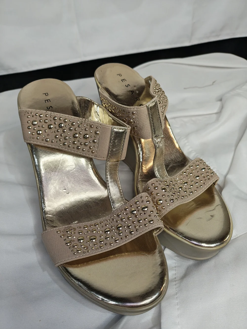 Pesaro Beige Gold Studded Womens Wedge Sandals